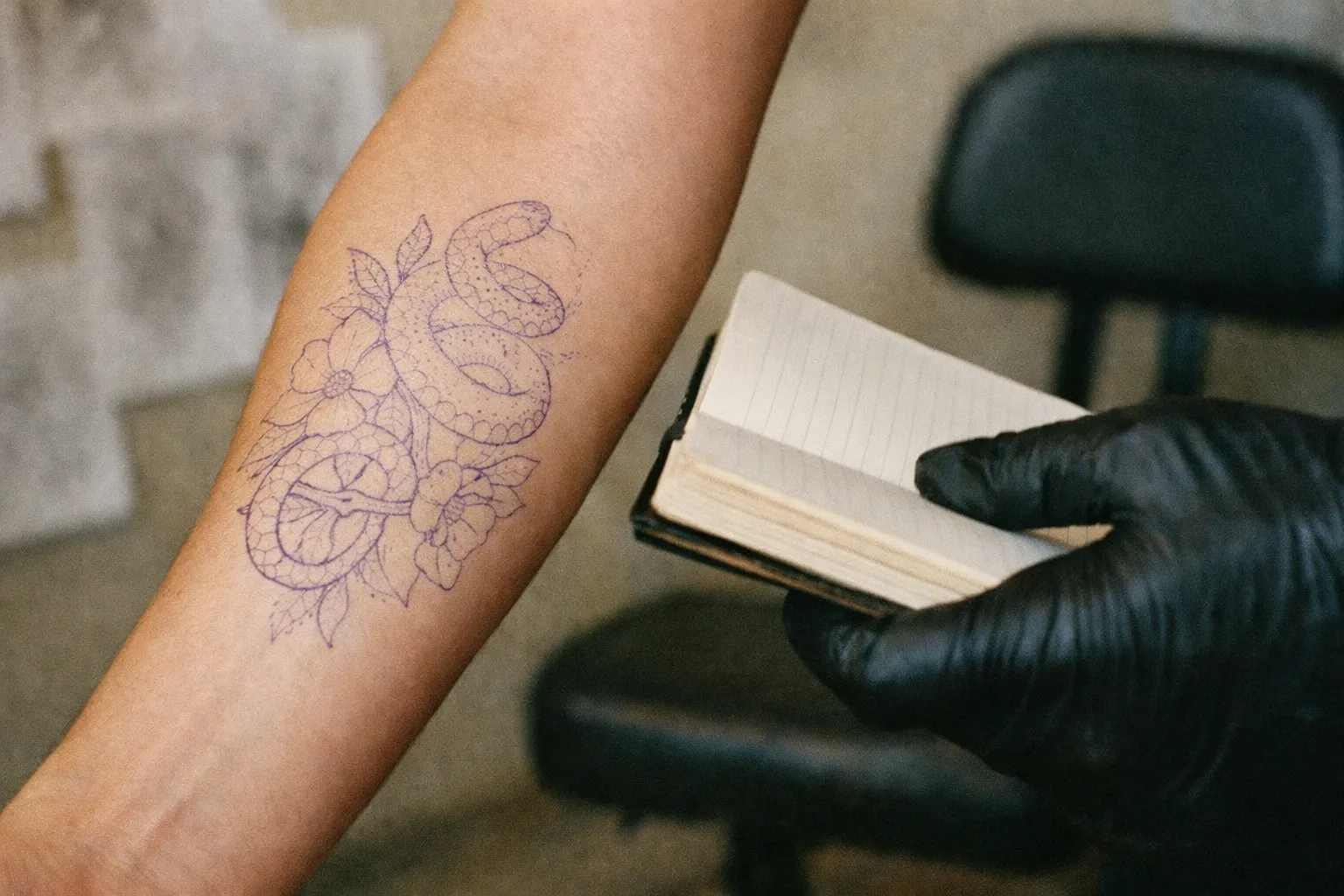 Forearm with stencil being positioned by a gloved hand in a clean studio
