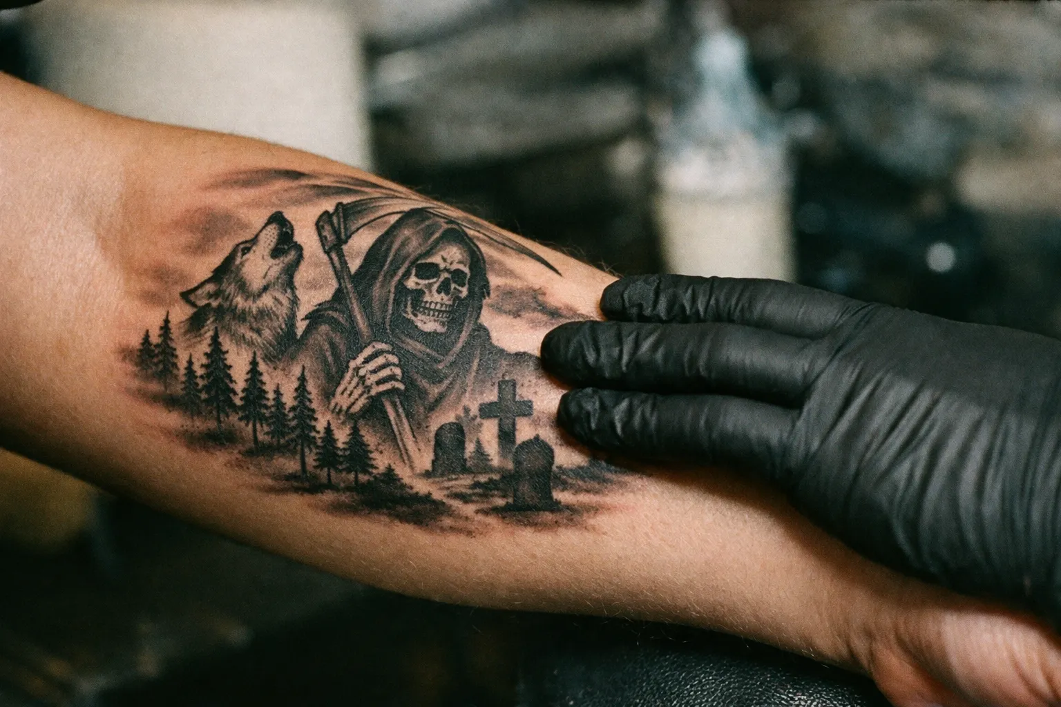 Forearm with antiseptic wipe and sterile setup in a clean studio