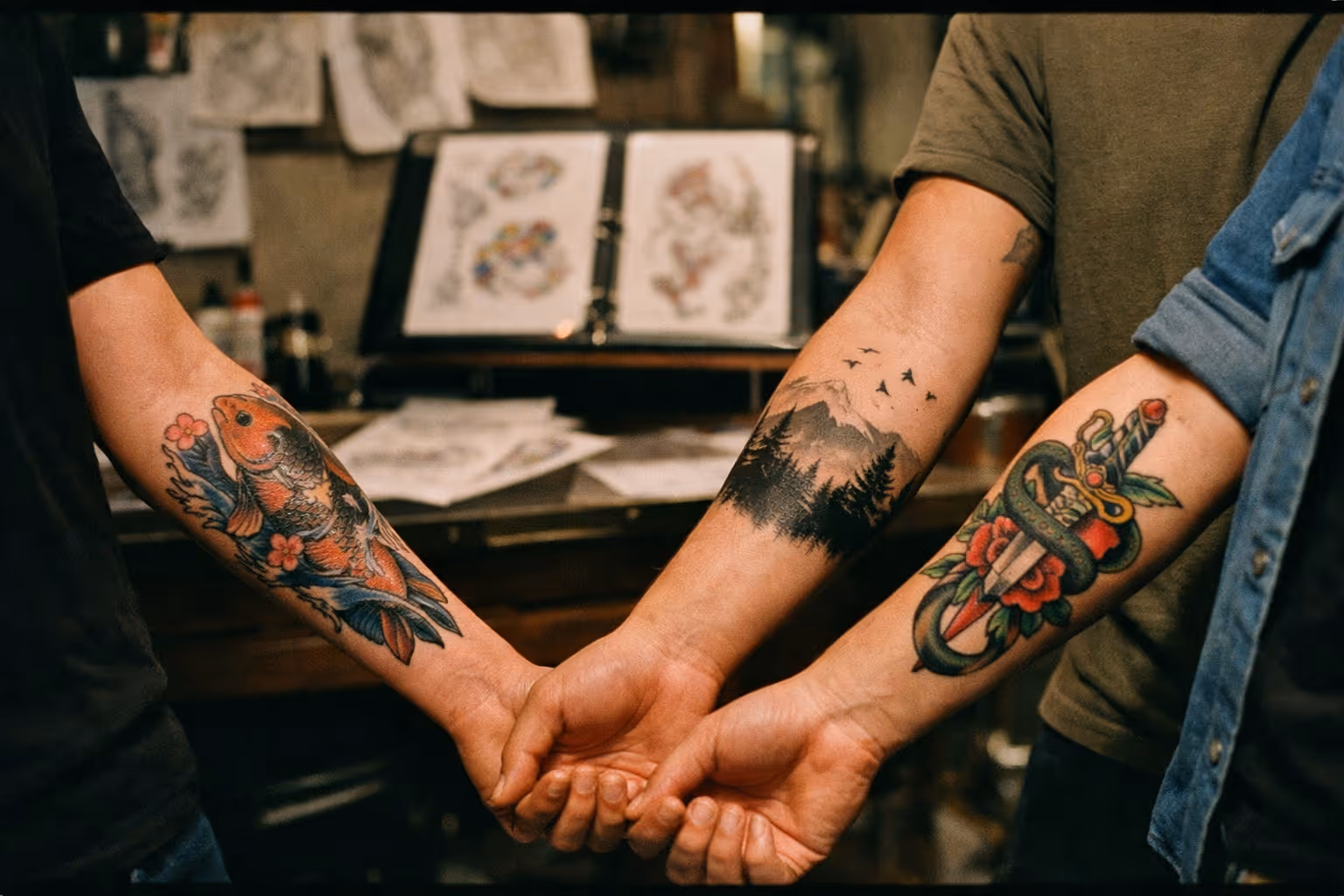 Editorial close-up of a healed forearm tattoo in black geometric linework, soft studio light