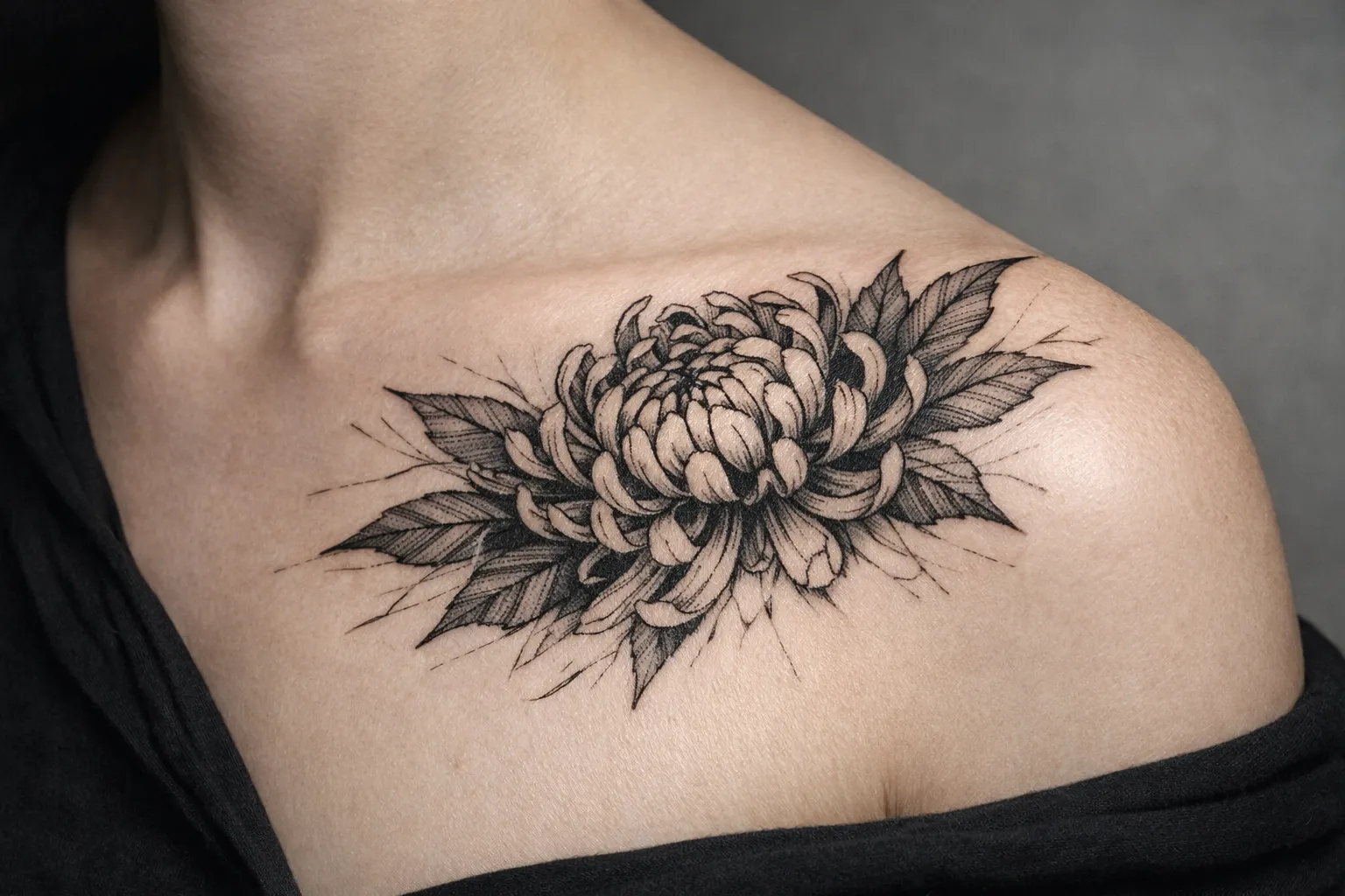 A chrysanthemum flower tattoo is inked across a person's upper chest near the collarbone.