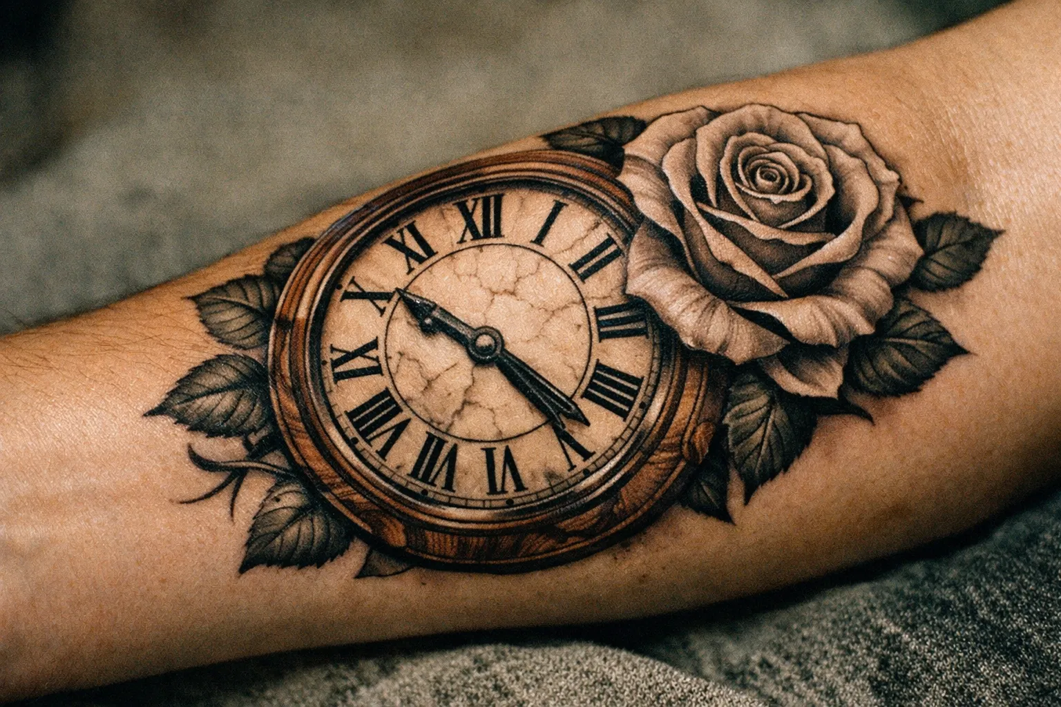 Forearm clock tattoo with Roman numerals and gears illustrating meaning