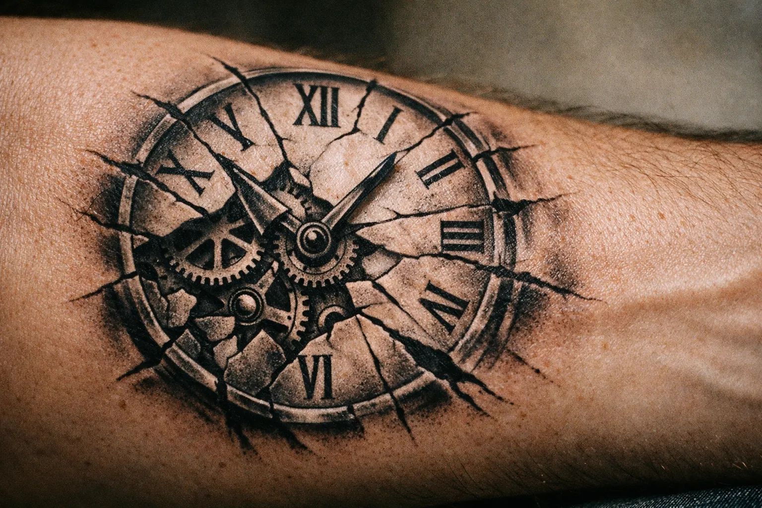 Calf tattoo combining a clock with a rose motif in editorial close-up