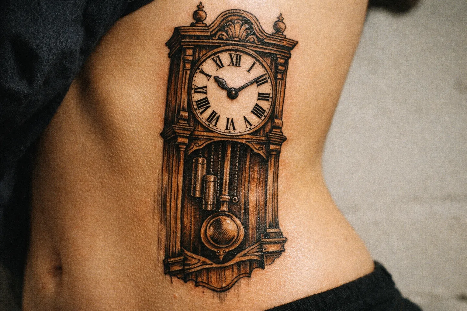 Forearm minimalist clock tattoo showing only hands, no numerals