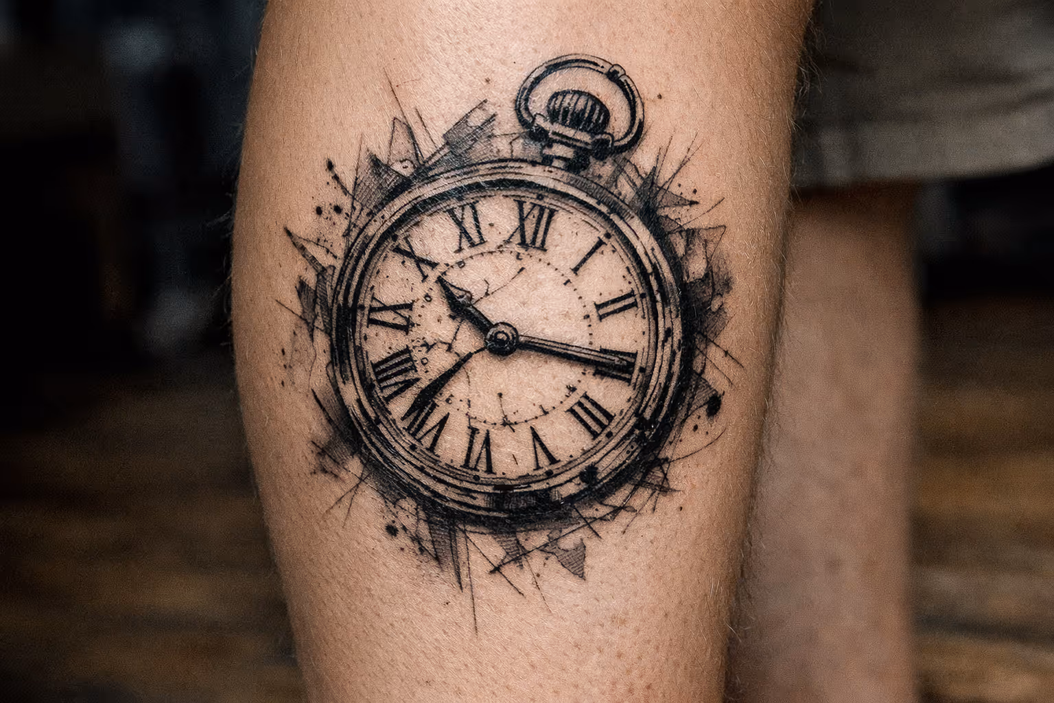 A realistic clock tattoo with Roman numerals is inked on a person's calf.