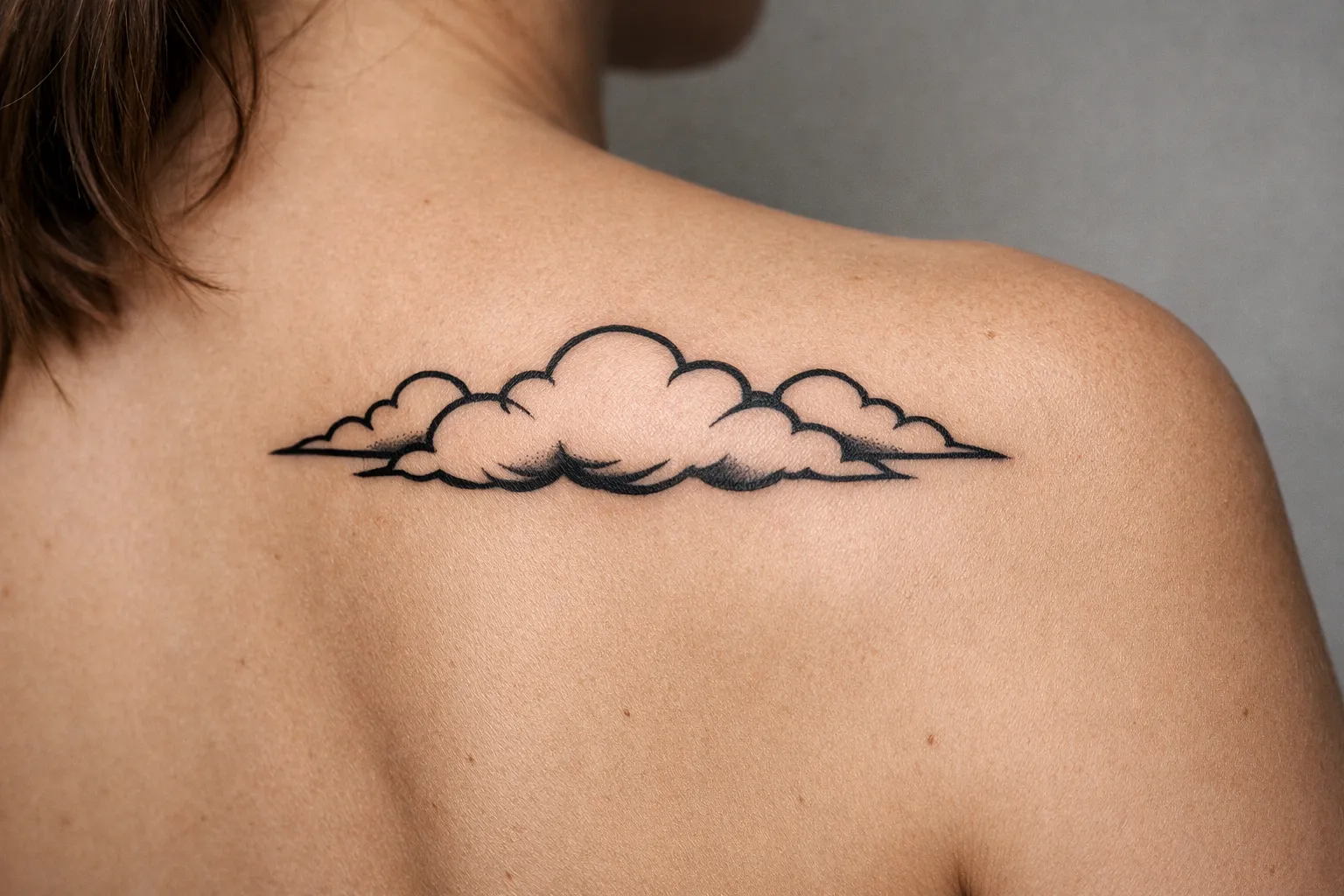 A person with a cloud tattoo on their upper back near the shoulder.