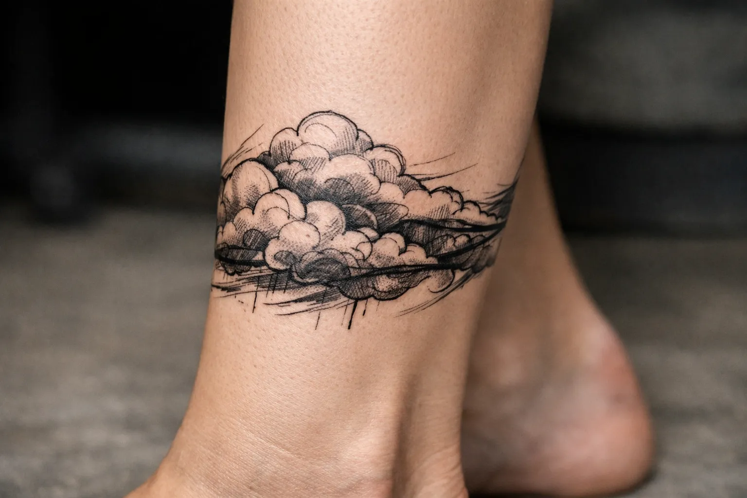 A cloud tattoo is wrapped around a person's ankle in a close-up view.
