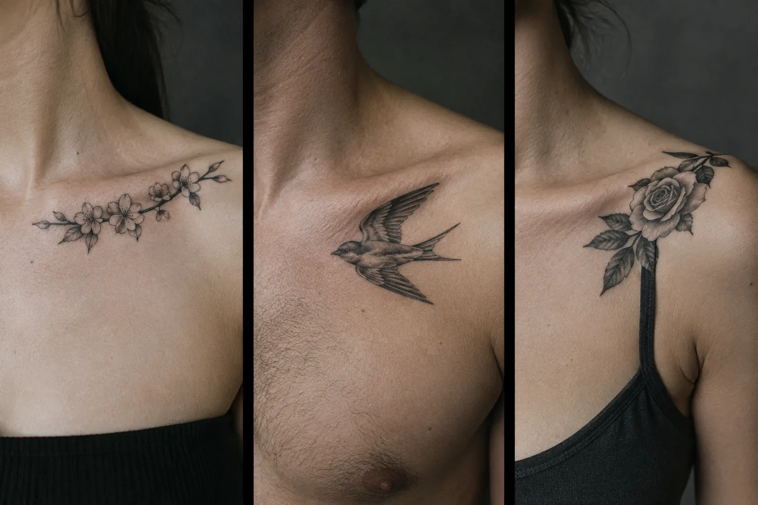 Three people show floral and bird tattoos along their collarbones and upper chests.
