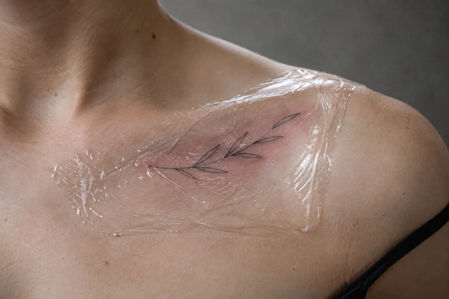 A fresh fine-line branch tattoo lies along a person's collarbone beneath clear protective film.