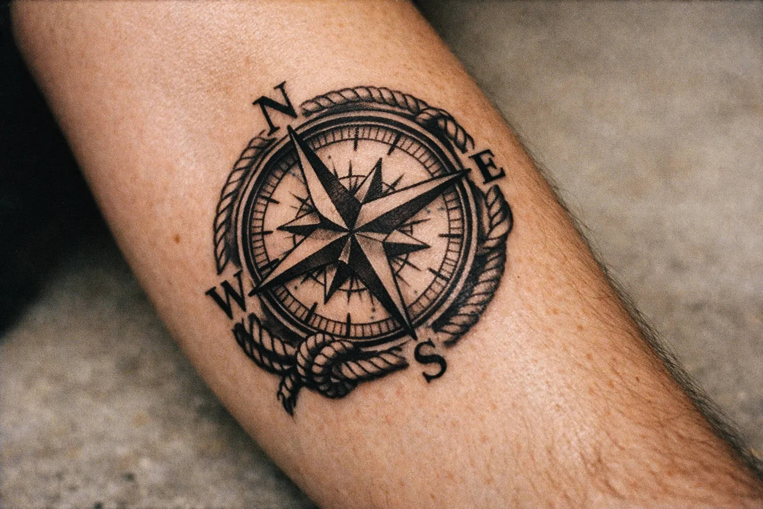 Forearm with a compass rose linework tattoo on healed skin