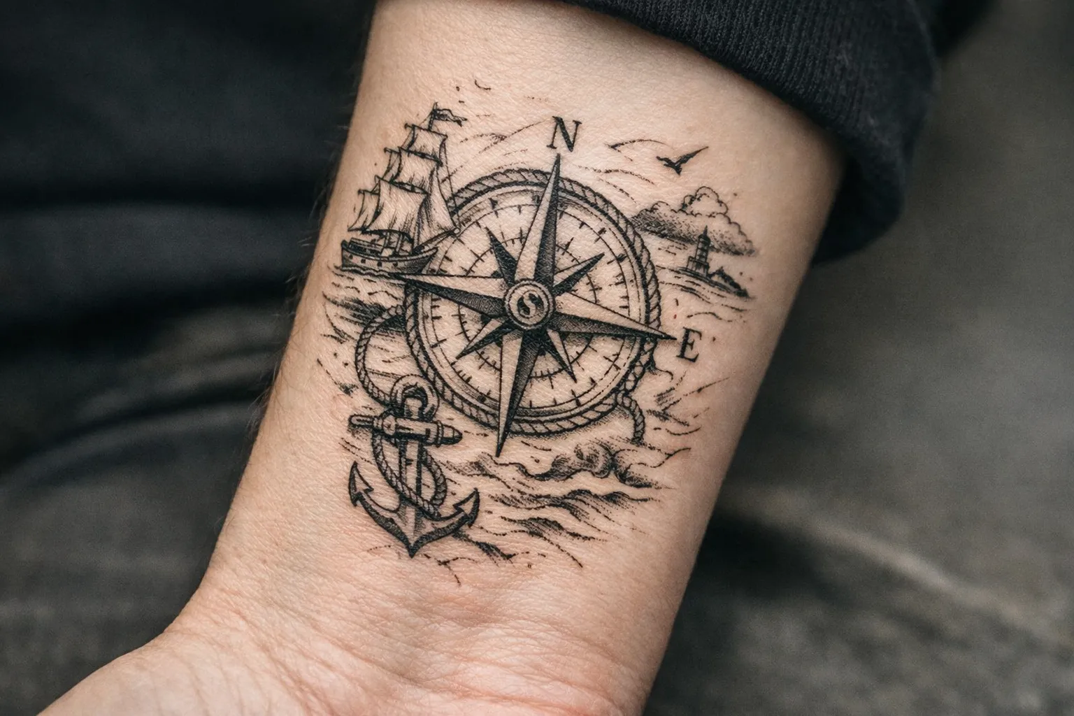A wrist tattoo features a detailed compass with a ship, anchor, and nautical scenery.
