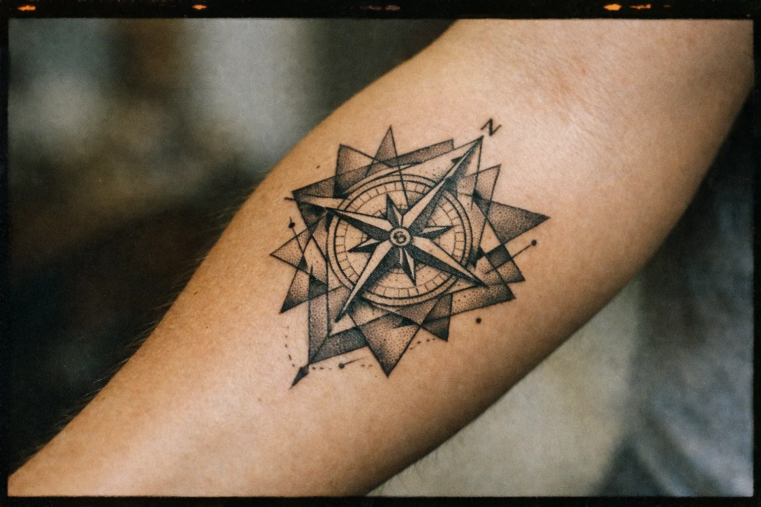 Geometric compass tattoo on forearm with interlocking shapes