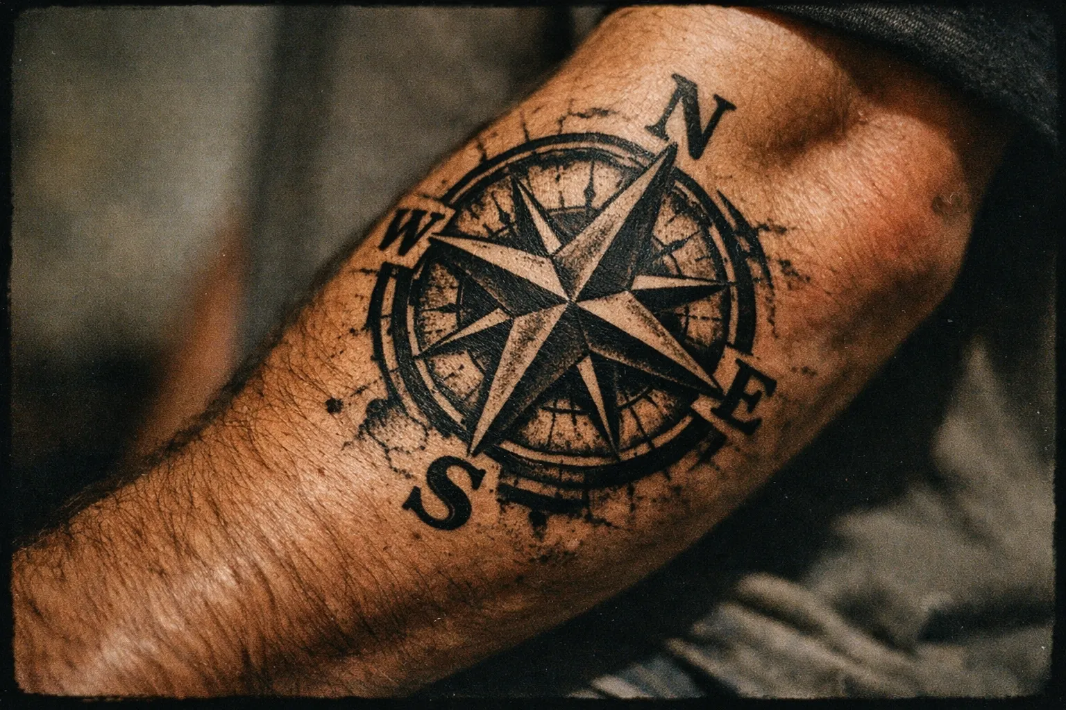 Bold masculine compass tattoo on forearm with thick lines and rugged shading