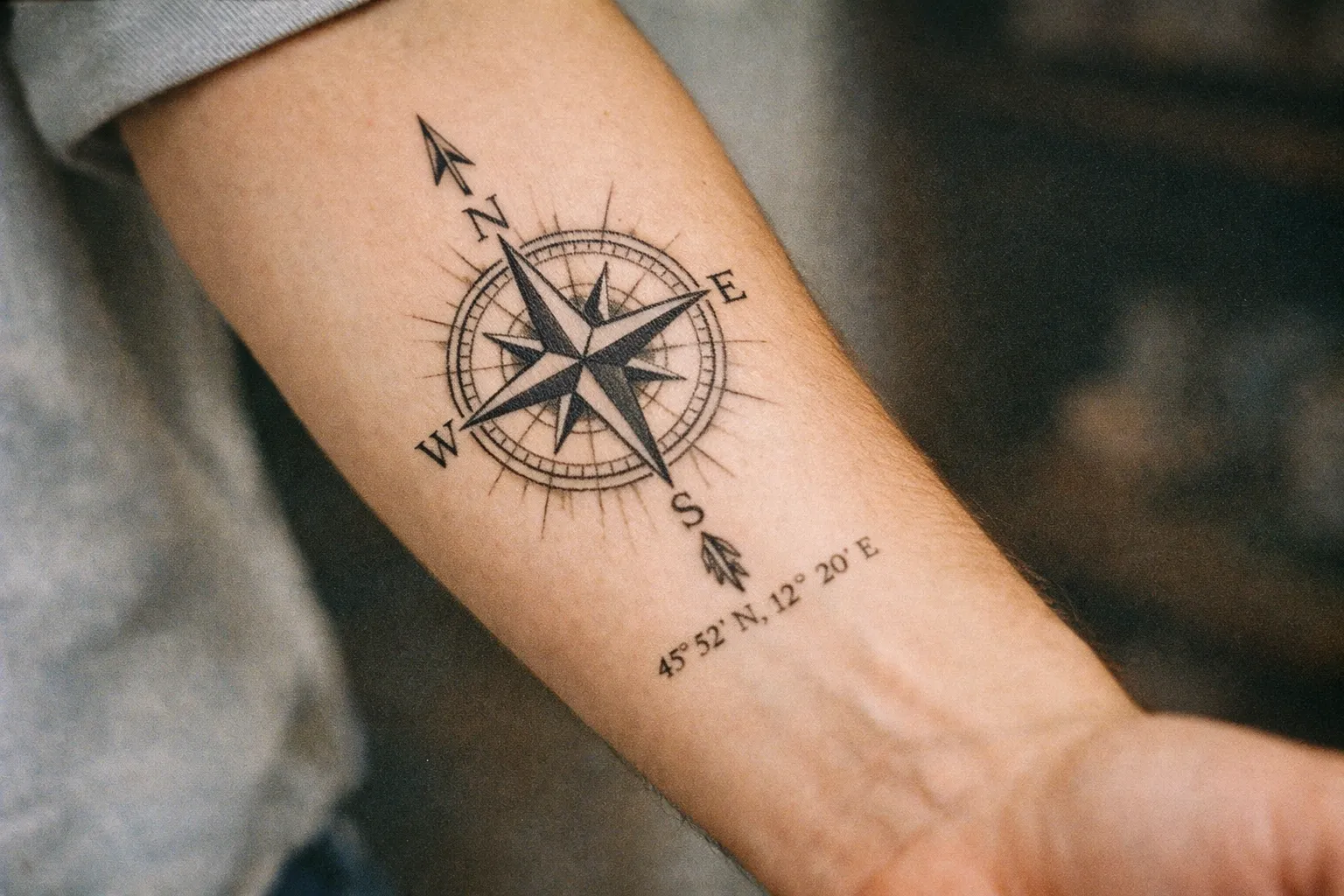 Inner-forearm placement of a compass tattoo oriented along the arm