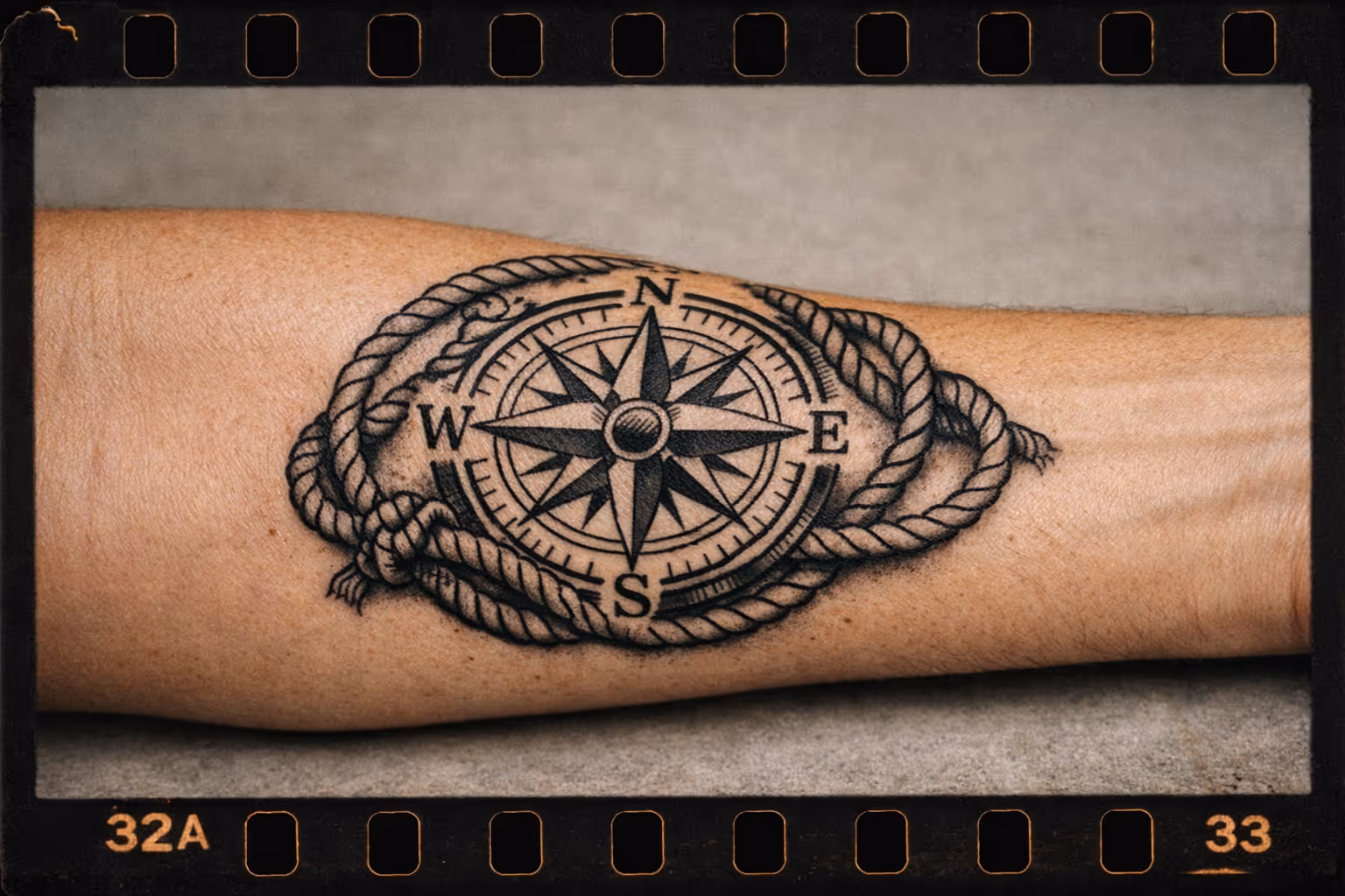 Editorial wide shot of a healed forearm compass tattoo with rope coil and traditional shading