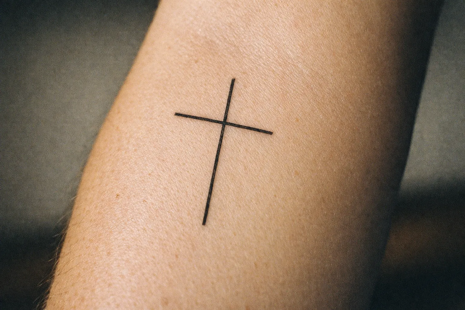 Forearm close-up with a bold black cross tattoo illustrating symbolic meaning, editorial lighting