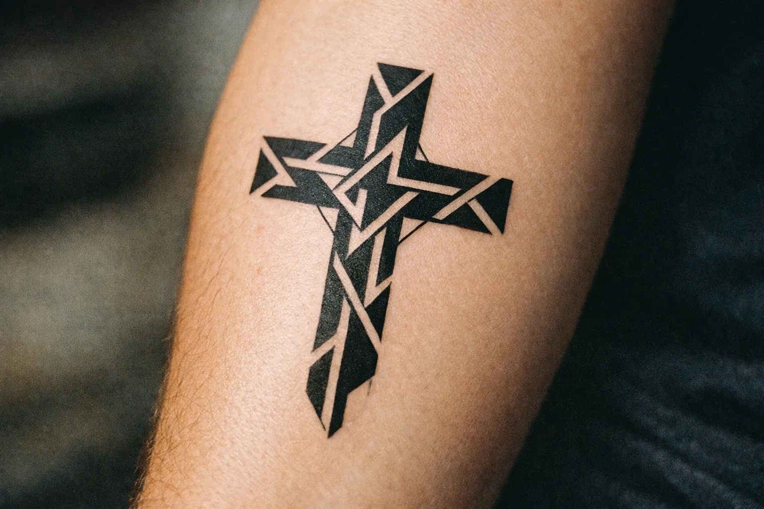 Forearm tattoo along the outer forearm shown in 3/4 view