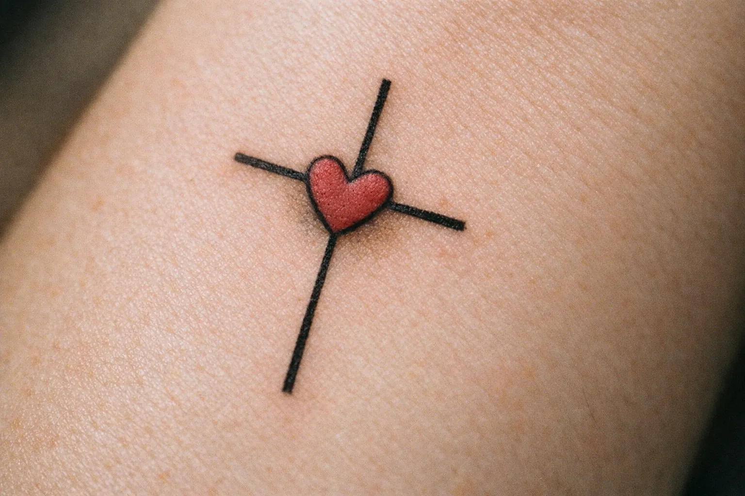 Tiny minimalist cross tattoo on the inner forearm, macro shot