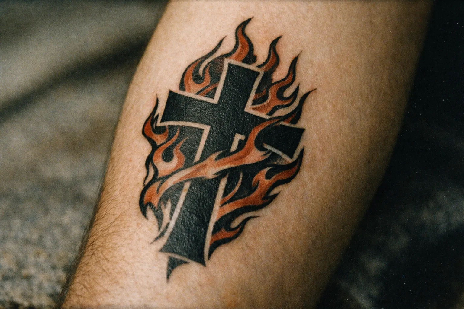 Celtic-inspired cross tattoo with knotwork on the outer forearm