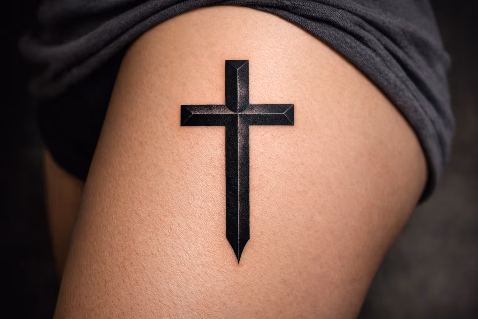 A geometric black cross tattoo on a person's upper thigh.