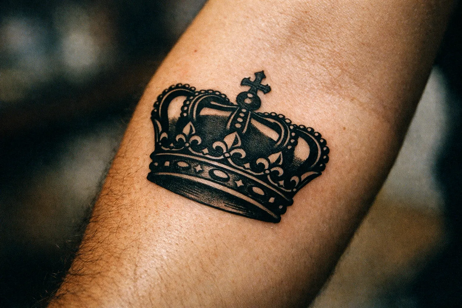 Close-up of a crown tattoo on forearm, showing bold black linework and subtle shading