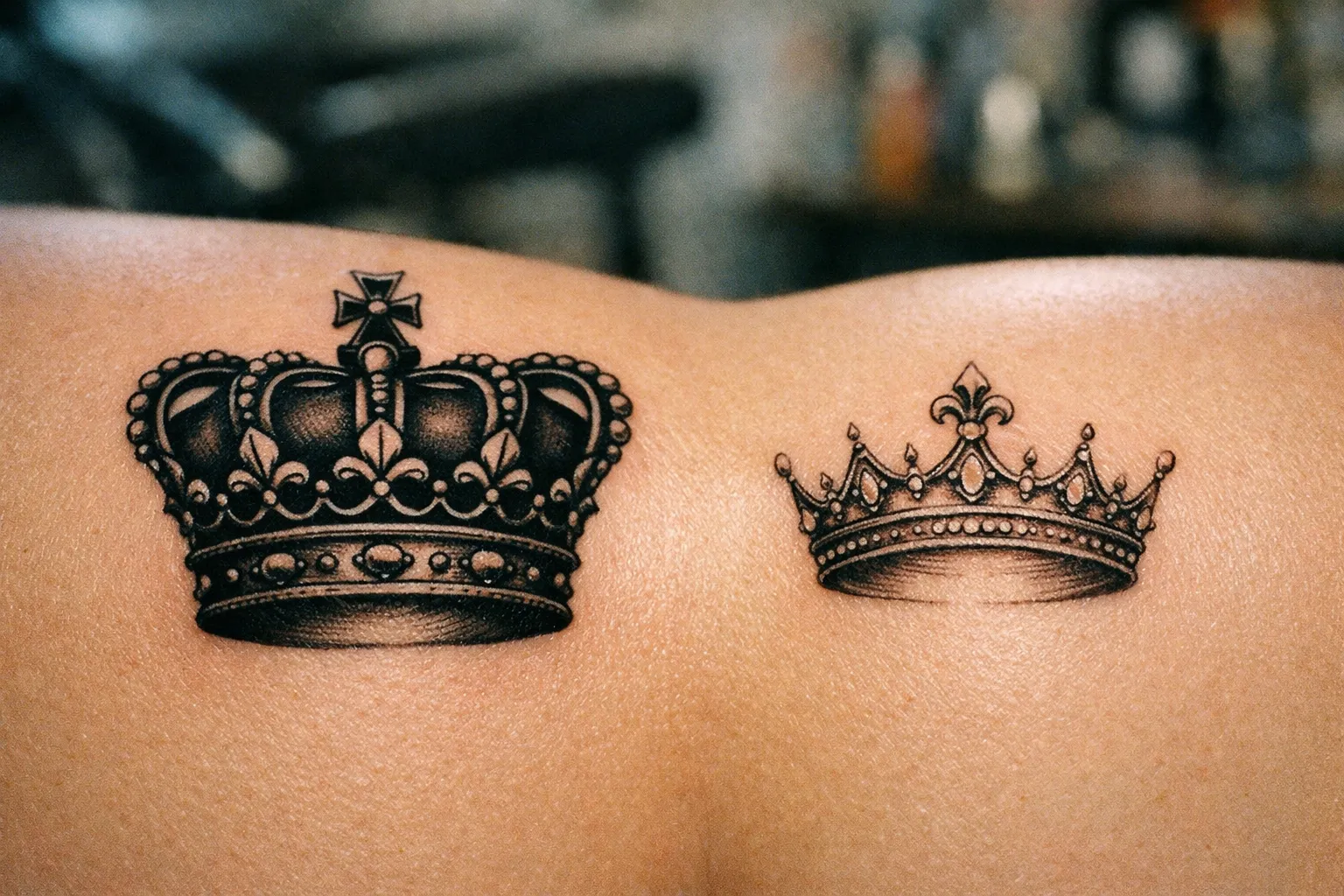 Two crown tattoos on skin, one ornate king crown and one delicate queen crown side by side