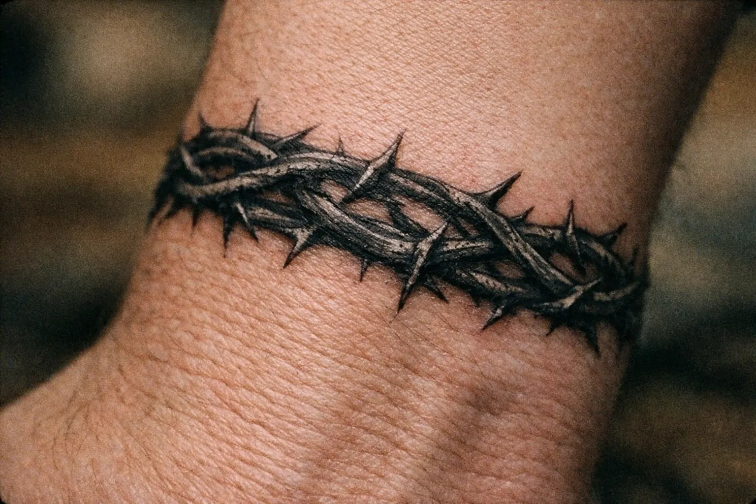 Crown of thorns tattoo encircling a wrist with thorny ring