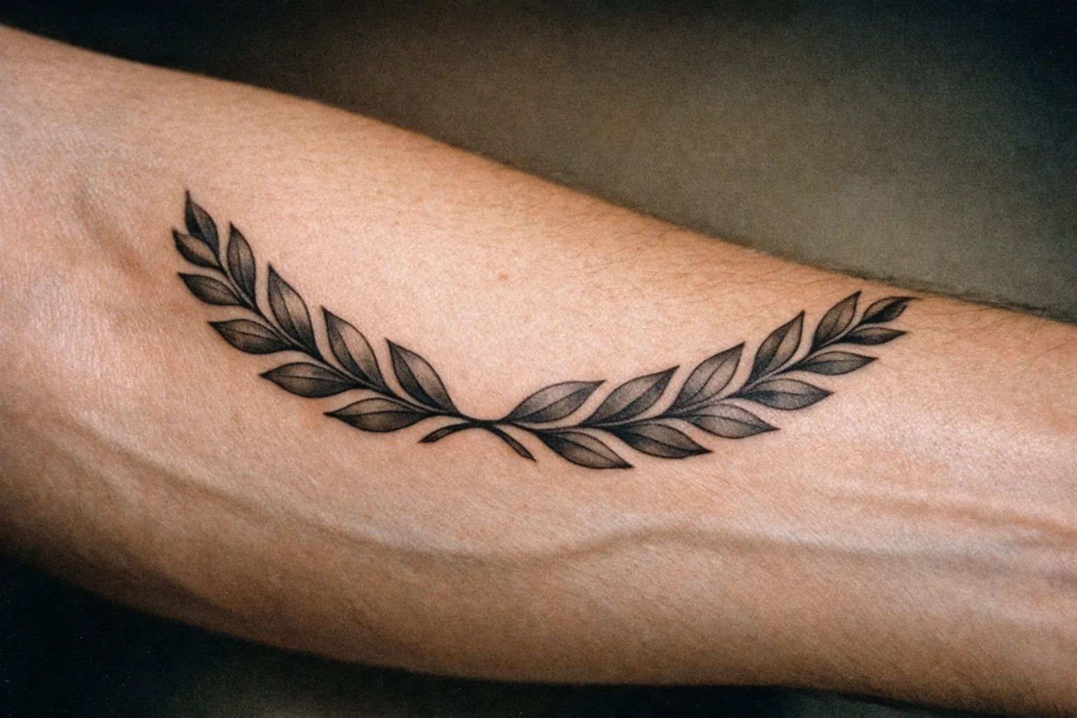 Laurel crown tattoo along forearm with leaves forming a wreath
