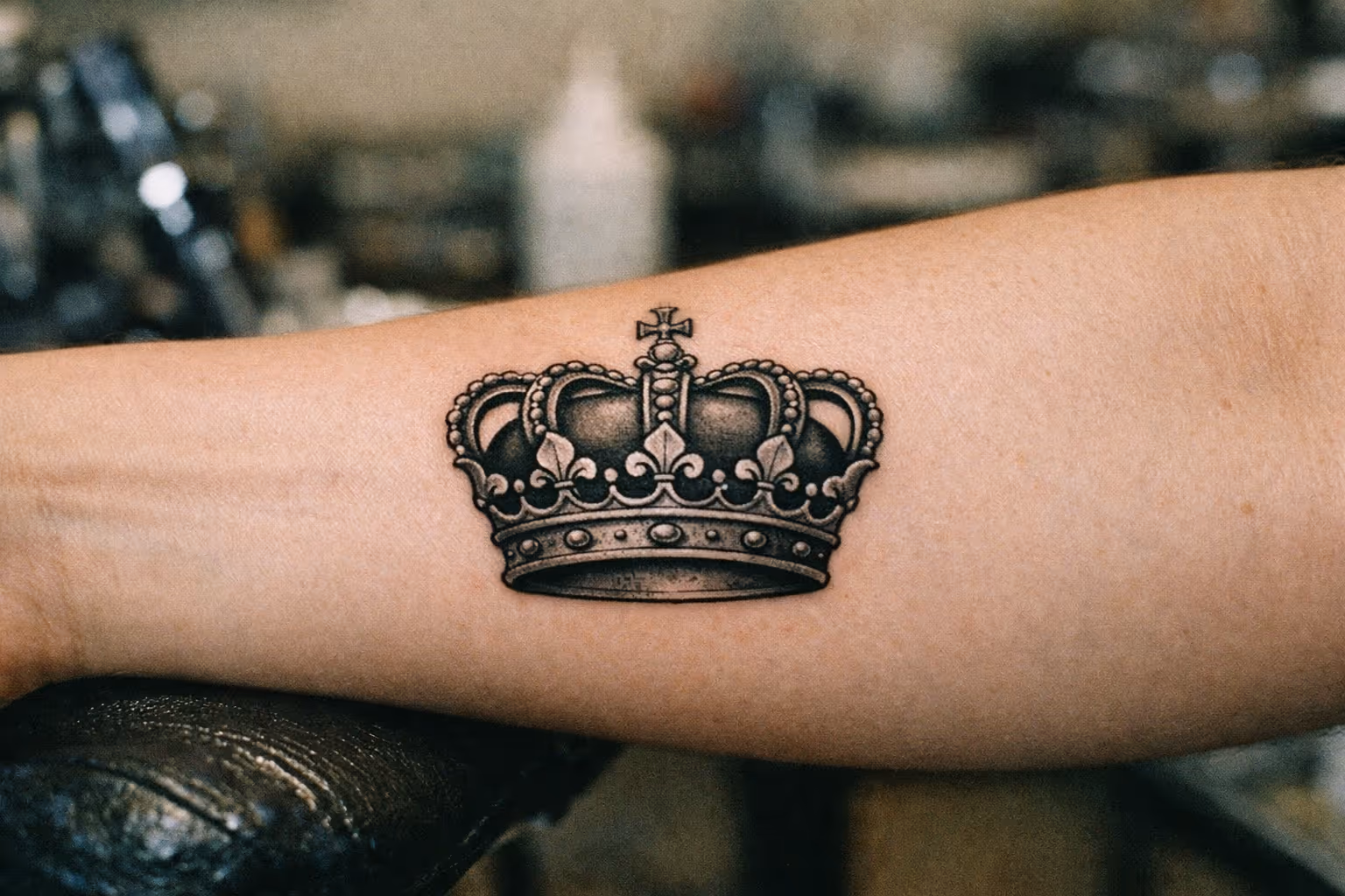 Editorial close-up of a crown tattoo on skin, showcasing bold linework and subtle shading across the design