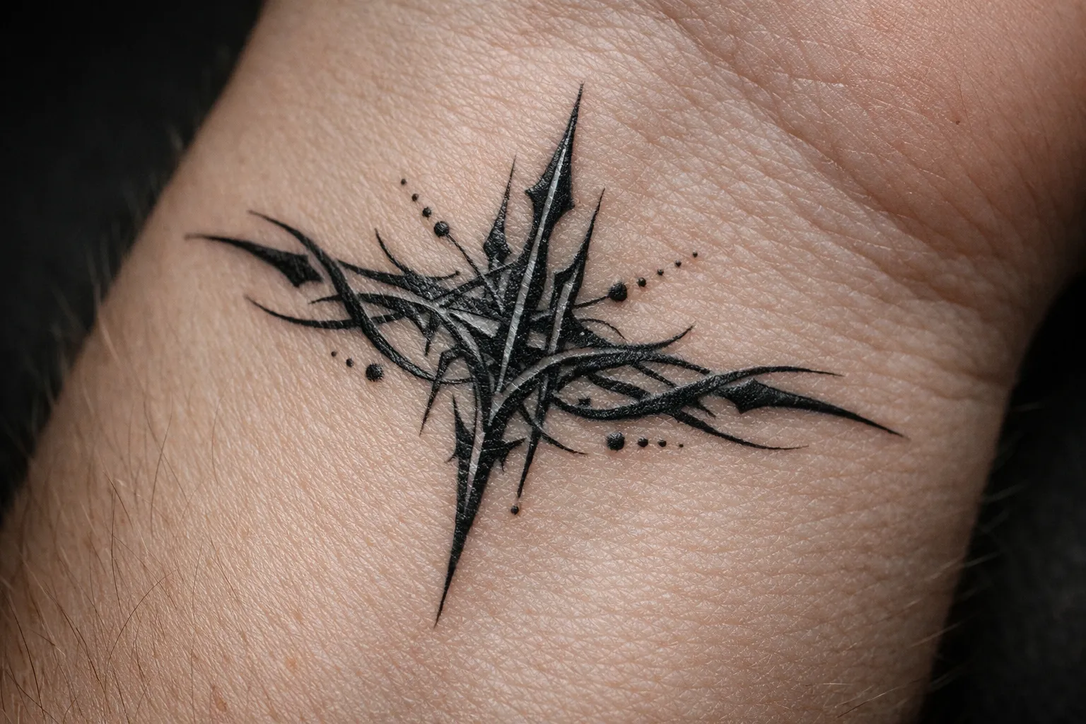 A black geometric cyber sigilism tattoo on the wrist of a person's arm.