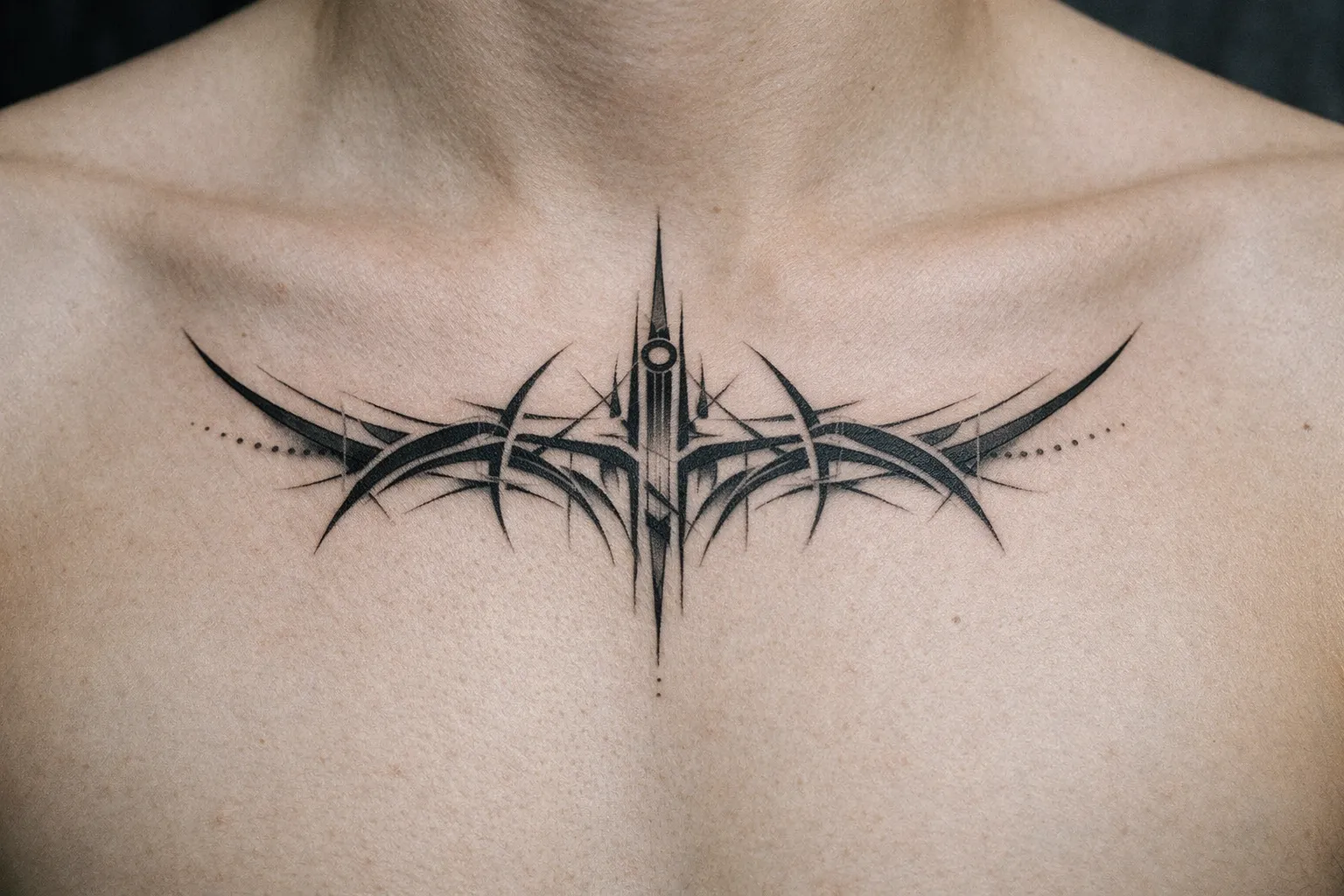 A person with a black geometric tattoo across the upper chest below the collarbones.