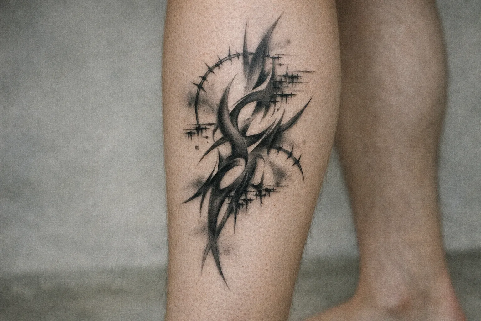 A person's lower leg with a cyber sigilism tattoo on the calf.