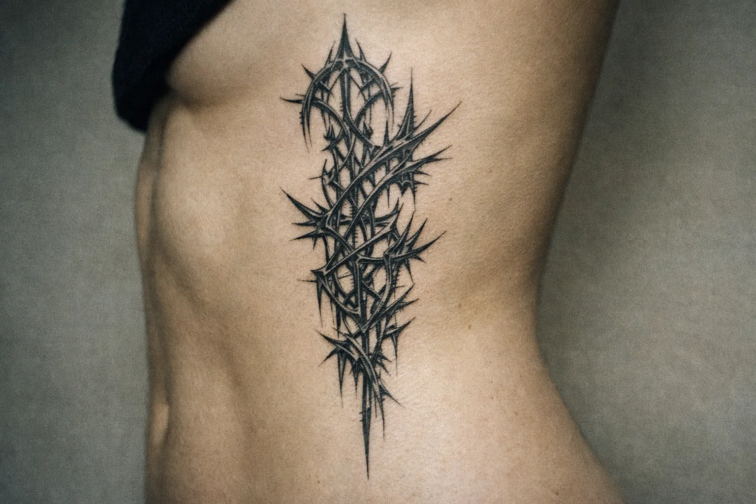 A person's bare side featuring a large cyber sigilism tattoo against a plain background.