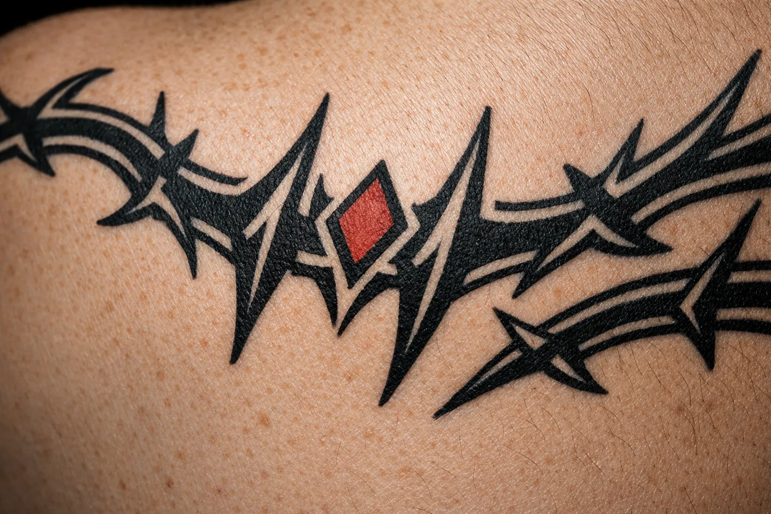 A geometric black cyber sigilism tattoo is inked across a person's upper back.