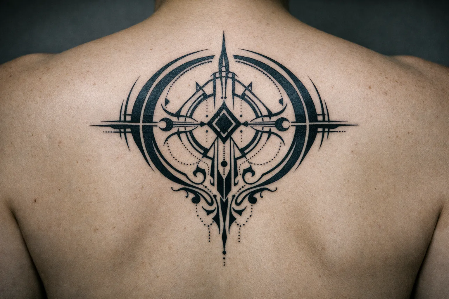 A person displays an intricate cyber sigilism tattoo across their upper back and shoulders.