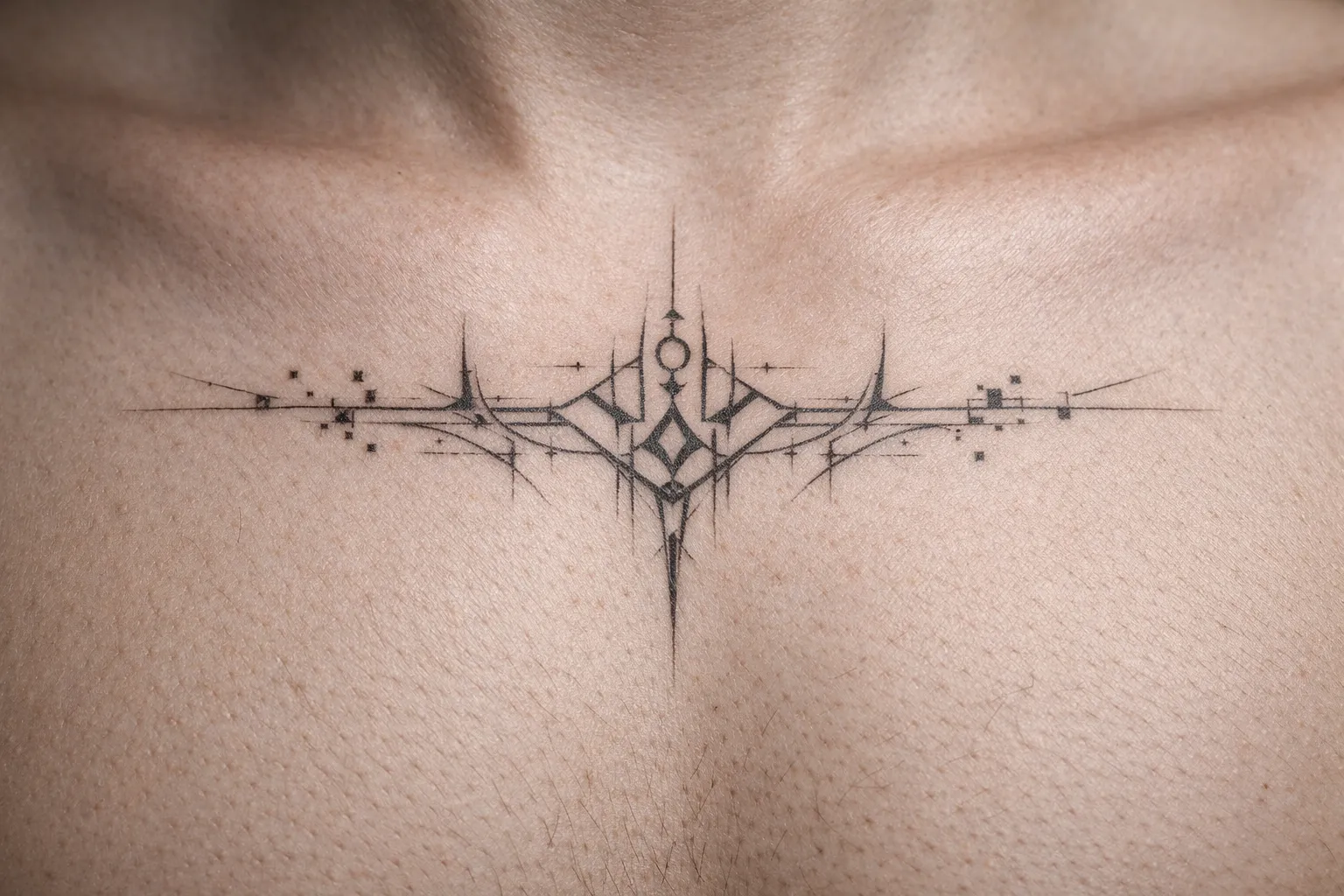 Abstract cyber sigilism tattoo across a person's upper chest and collarbone area.