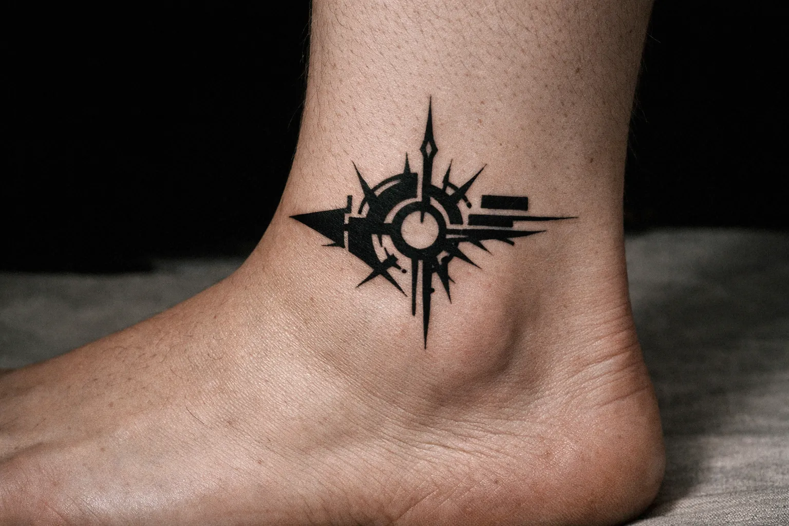 A black cyber sigilism tattoo wraps around a person's ankle.