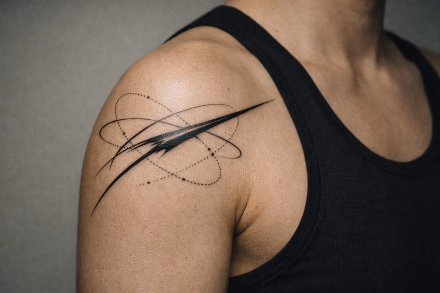 A person in a black tank top with a cyber sigilism tattoo on their shoulder.