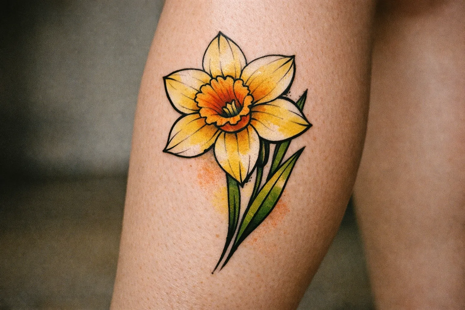 Calf with a daffodil tattoo featuring a mix of bold outline and watercolor inside petals