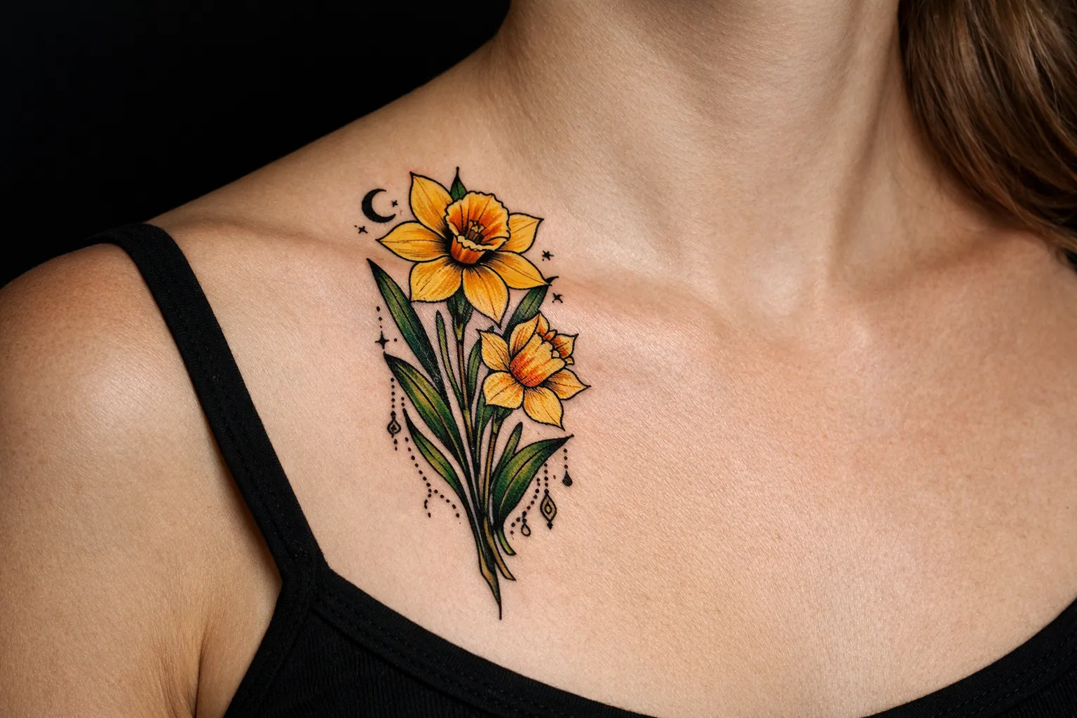 Inner forearm daffodil tattoo showing a tall, elongated design about 6 inches