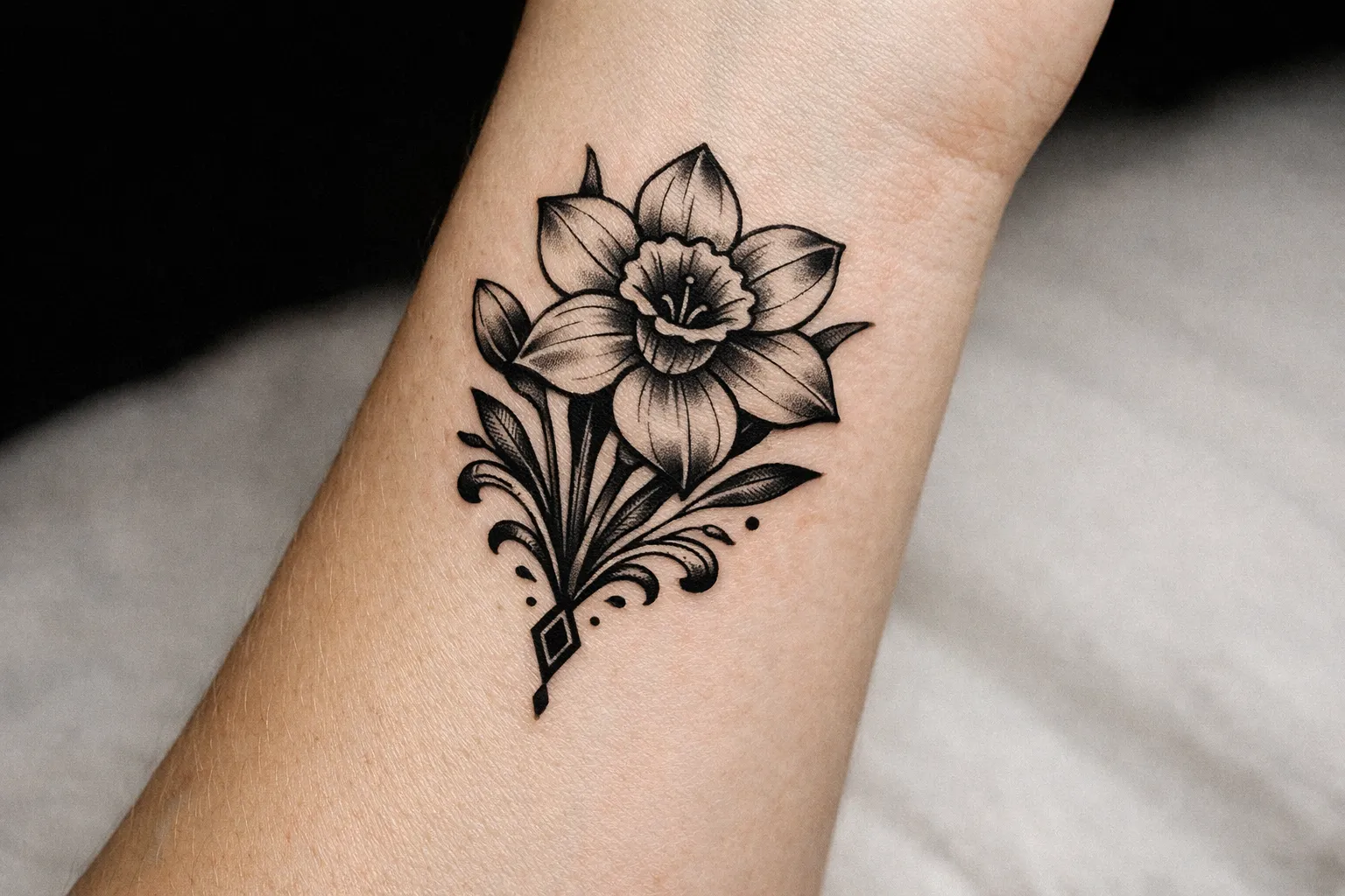 A black and grey daffodil tattoo is shown on a person's forearm.