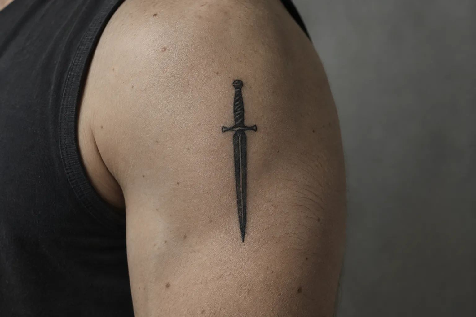 A black dagger tattoo on a person's upper arm beside a dark sleeveless shirt.