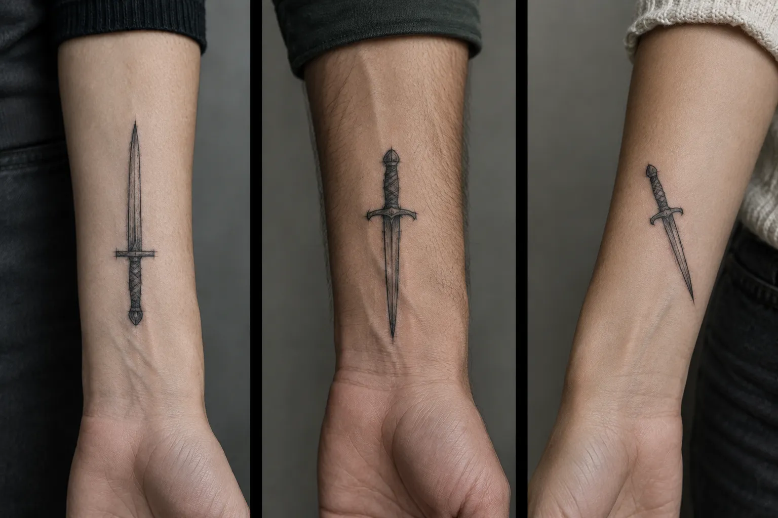 Three forearms display dagger tattoos in close-up.