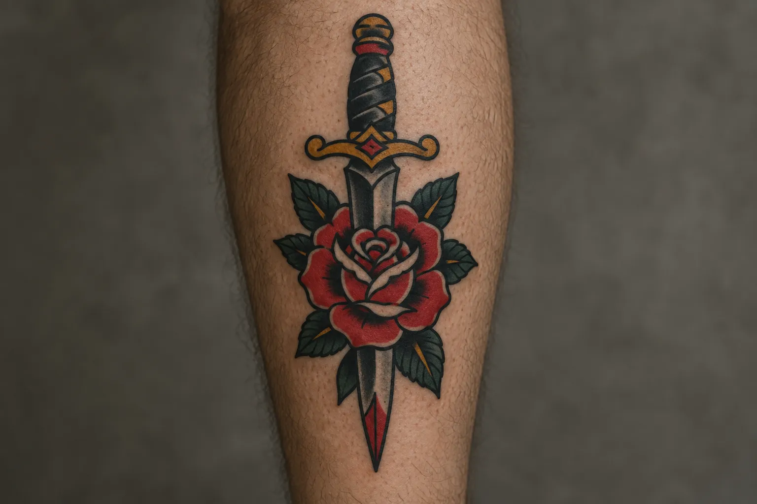 A red rose entwined with a dagger is tattooed on a person's lower leg.