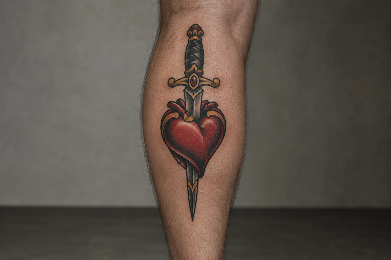 A dagger piercing a red heart is tattooed on a person's calf.