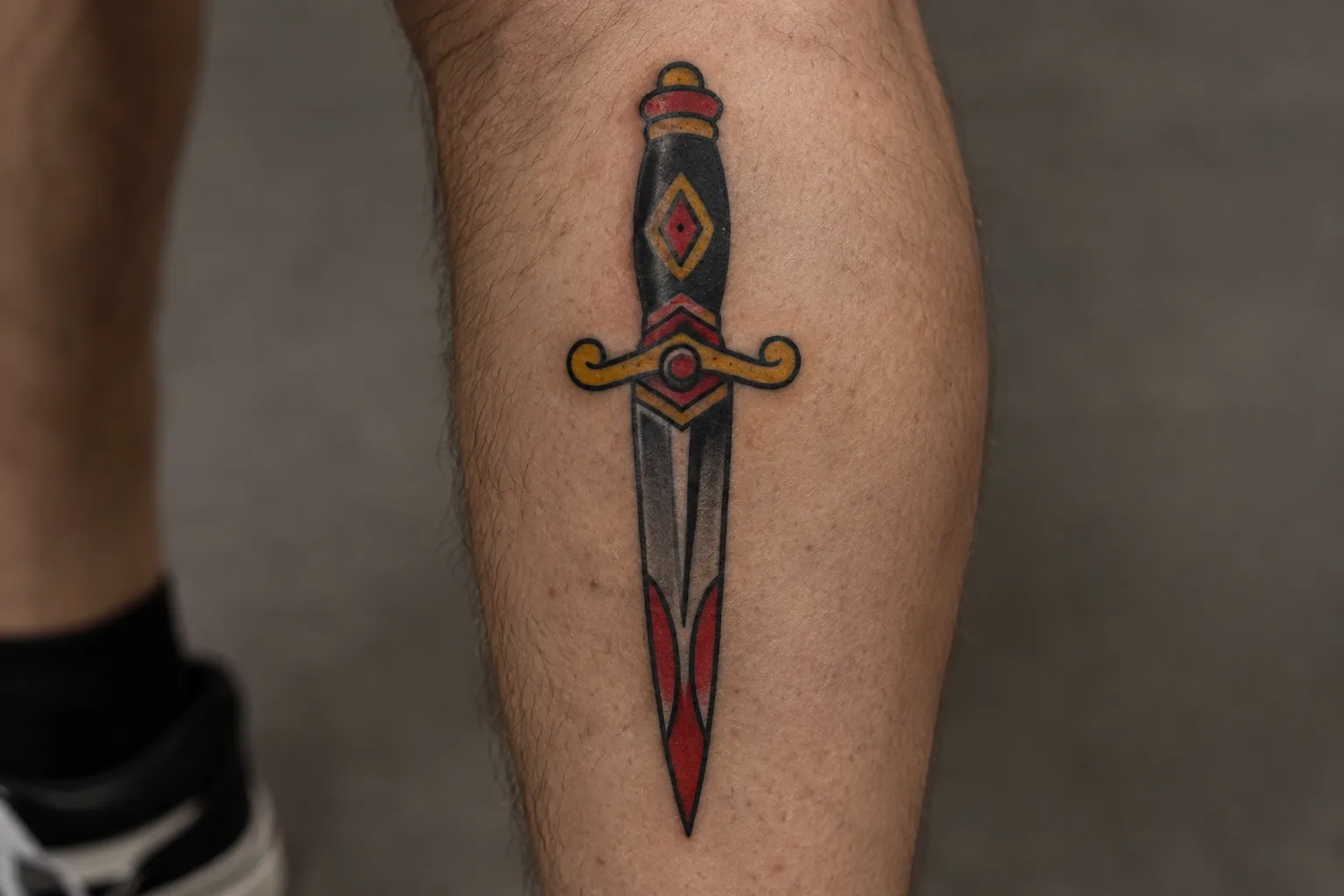 A red, black, and gold dagger tattoo runs down a person's calf.