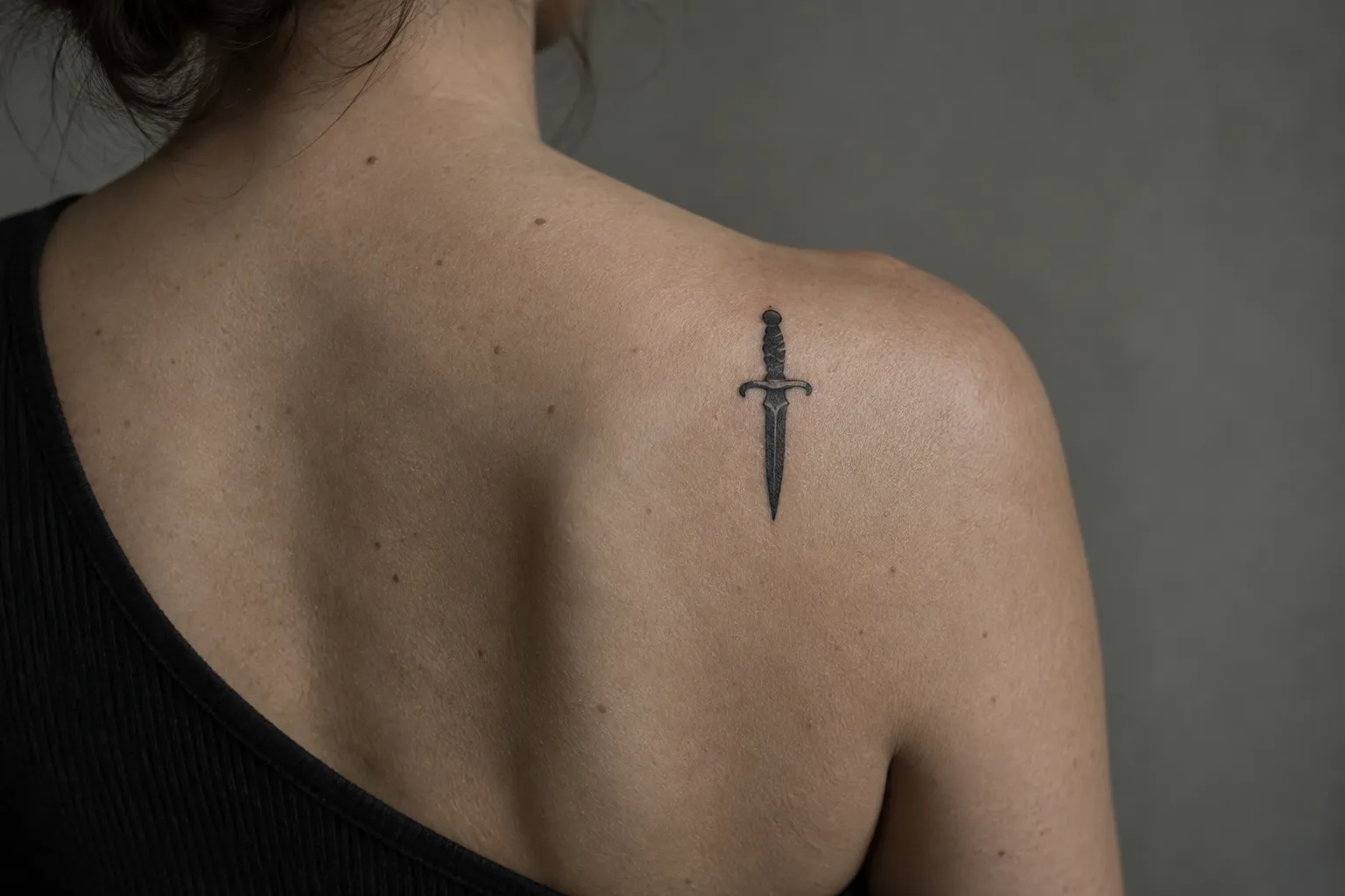 A person shows a small dagger tattoo on their upper back.