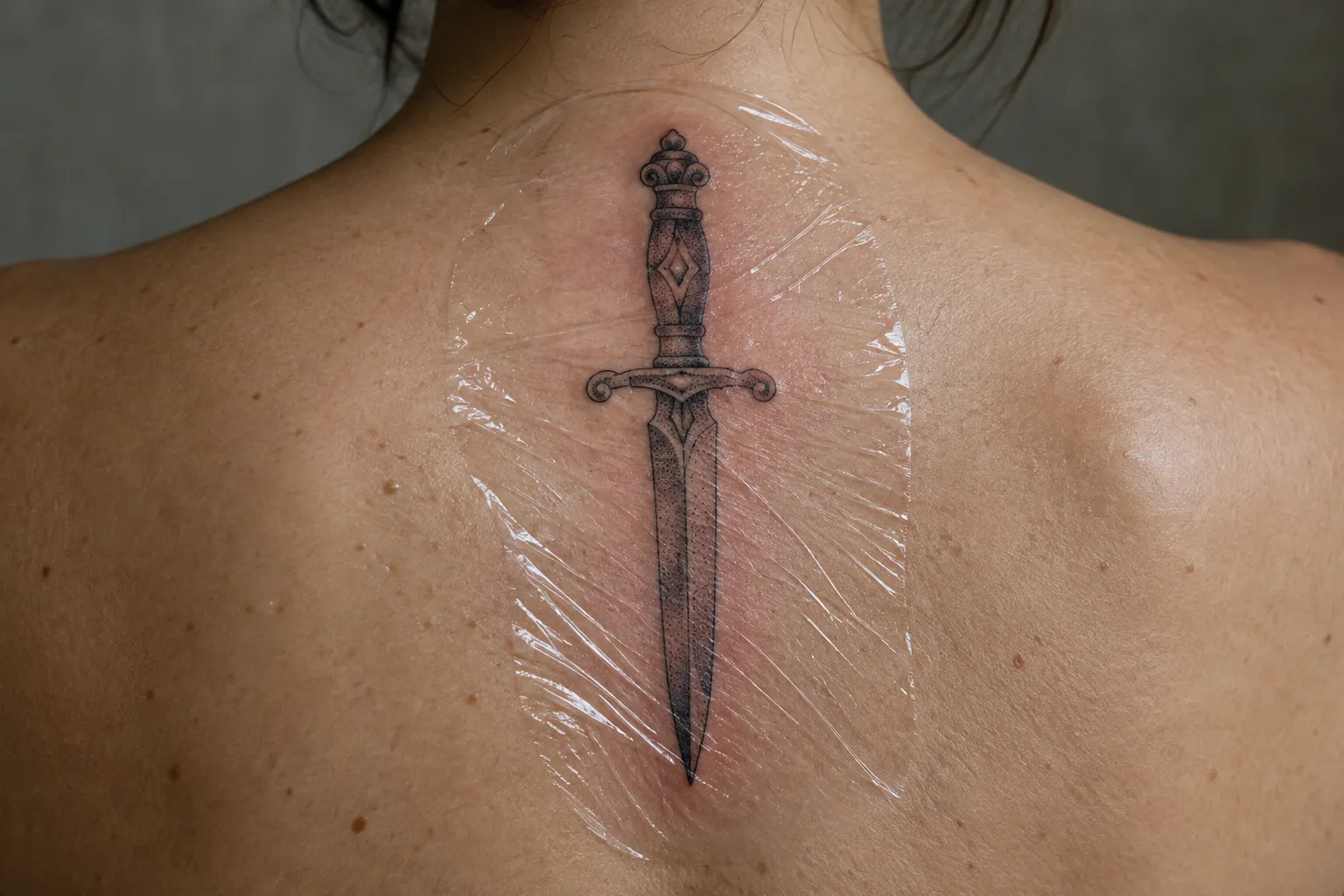 A decorative dagger tattoo runs down the center of a person's upper back beneath protective film.