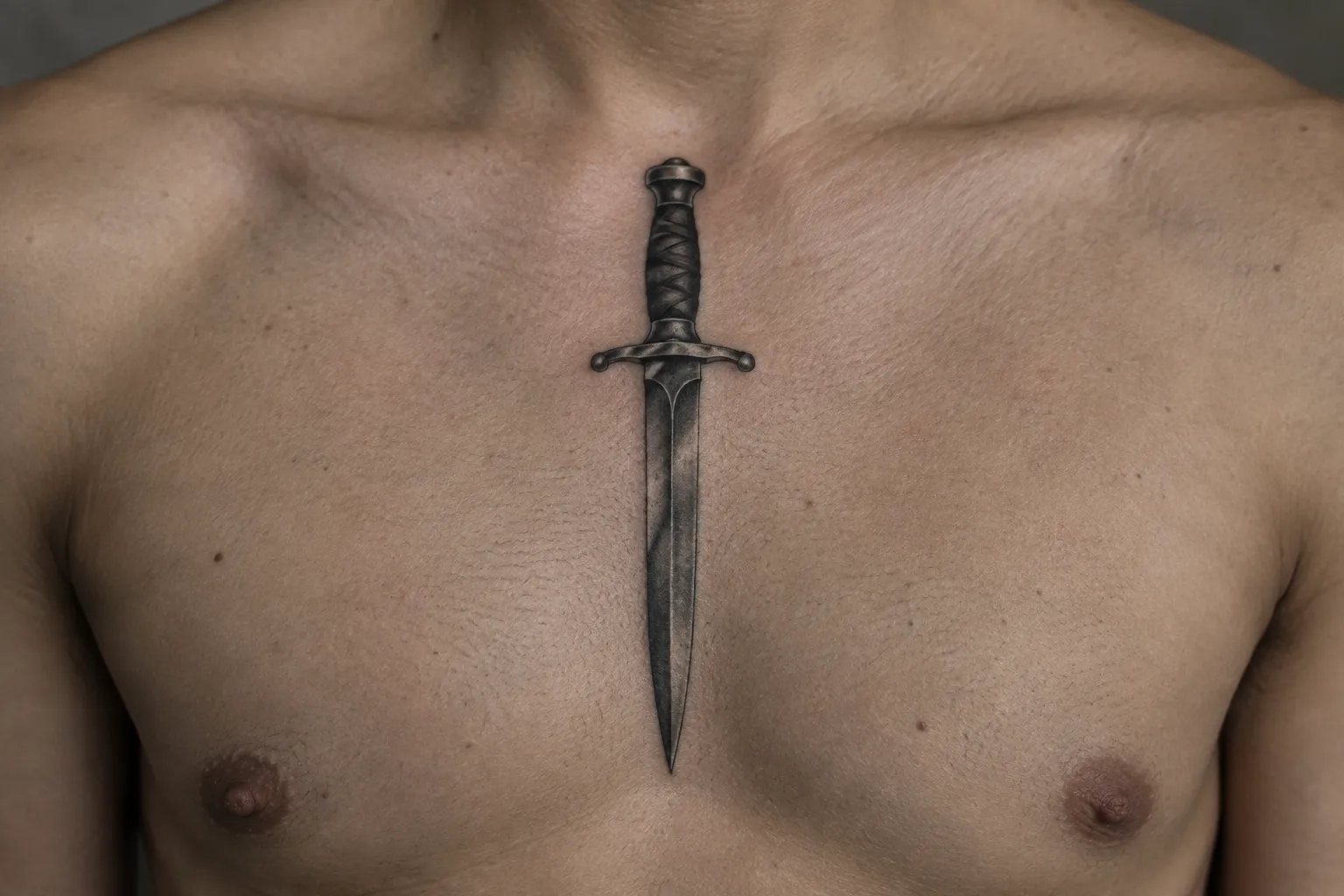 A person has a dagger tattoo centered vertically on their bare chest.