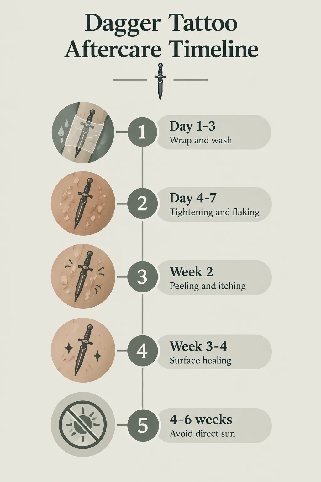 Dagger tattoo aftercare timeline: keep the wrap on and wash gently during Day 1-3