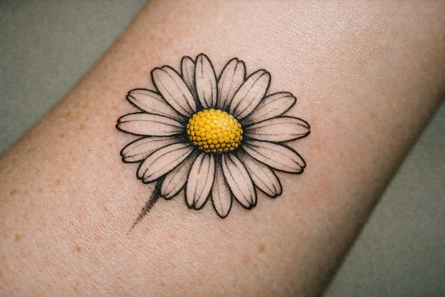 Close-up of a daisy tattoo on forearm showing bold black linework and subtle shading to convey meaning